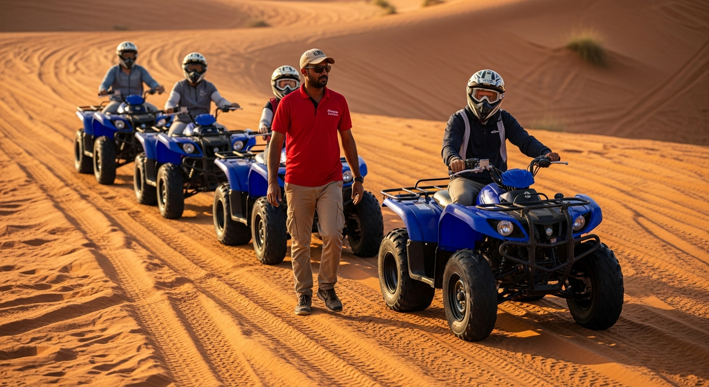 Professional guide leading Yamaha 400CC quad bike convoy through Dubai desert