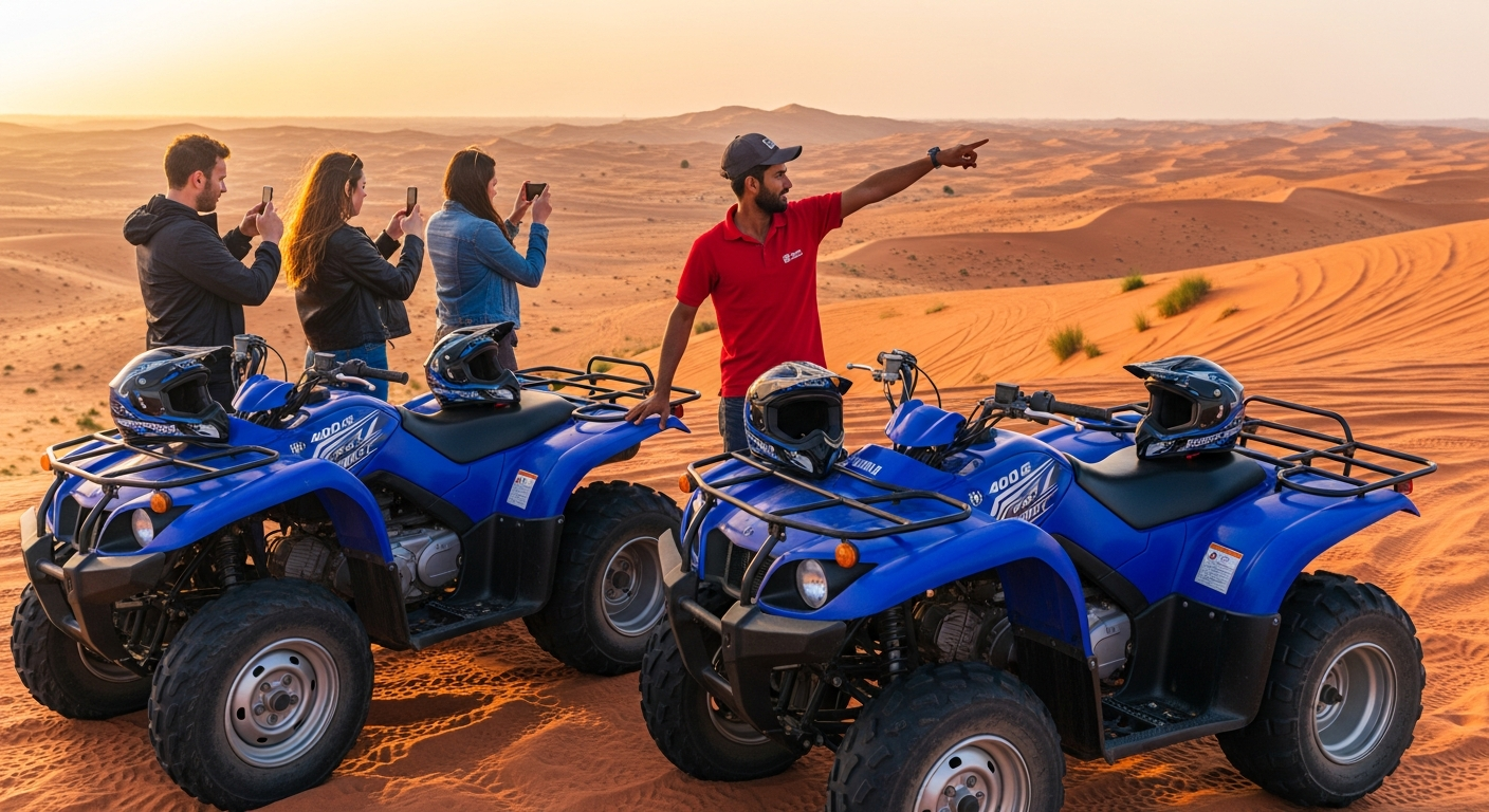 Blue Yamaha 400CC quad bikes at scenic Lahbab desert viewpoint Dubai