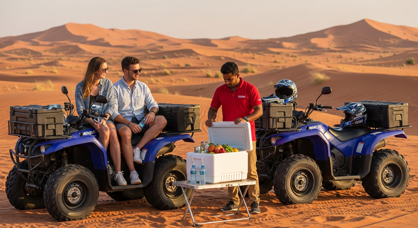 Refreshment break with water and fruit during Yamaha 400CC quad bike tour Dubai