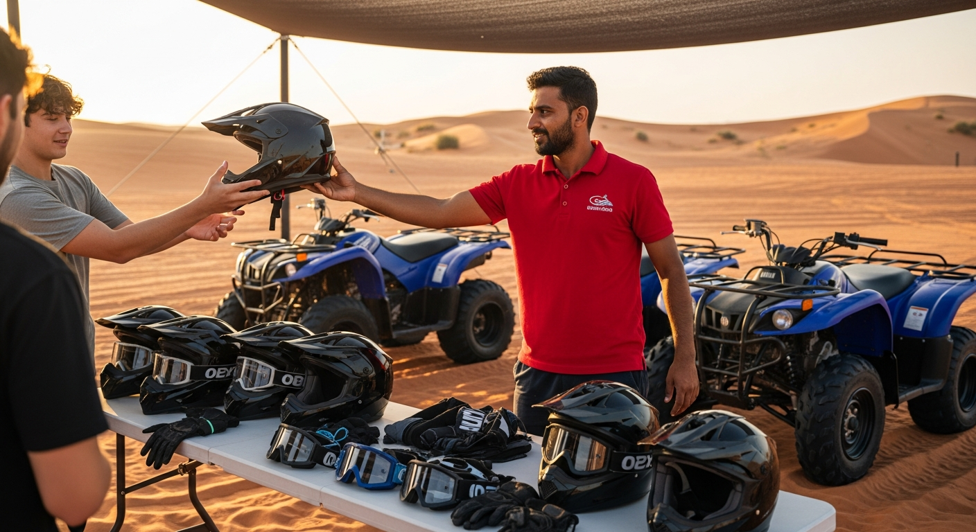 Safety gear briefing with helmets and goggles before Yamaha 400CC quad biking Dubai