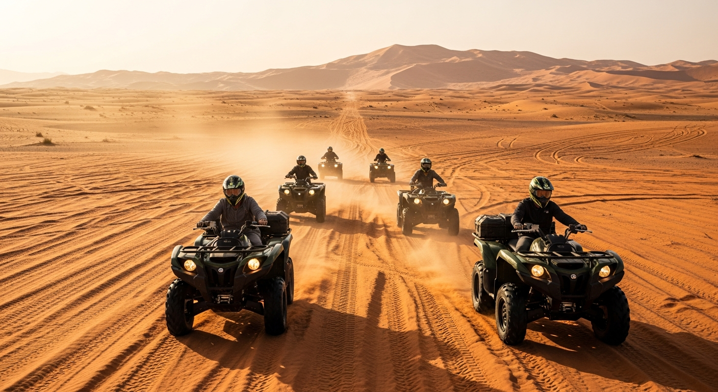 Group of Yamaha Grizzly 700 utility ATVs riding in formation across Lahbab dunes Dubai