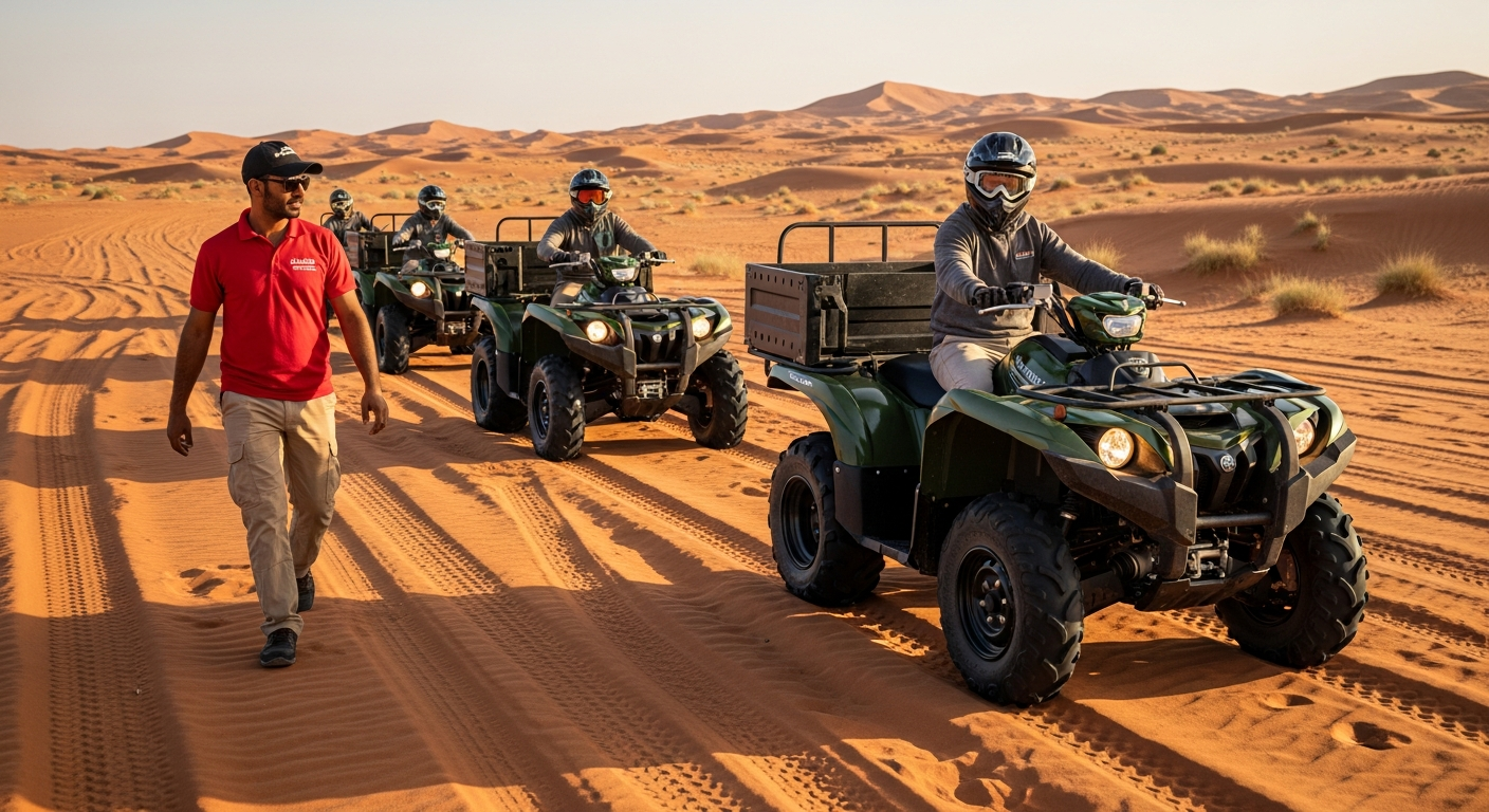 Professional guide leading Yamaha Grizzly 700 quad bike convoy through Dubai desert