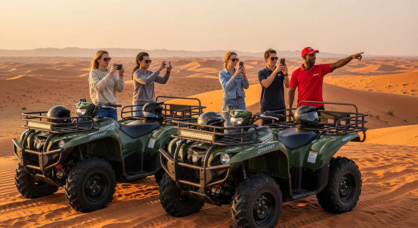 Yamaha Grizzly 700 utility quad bike parked at scenic Lahbab desert viewpoint Dubai