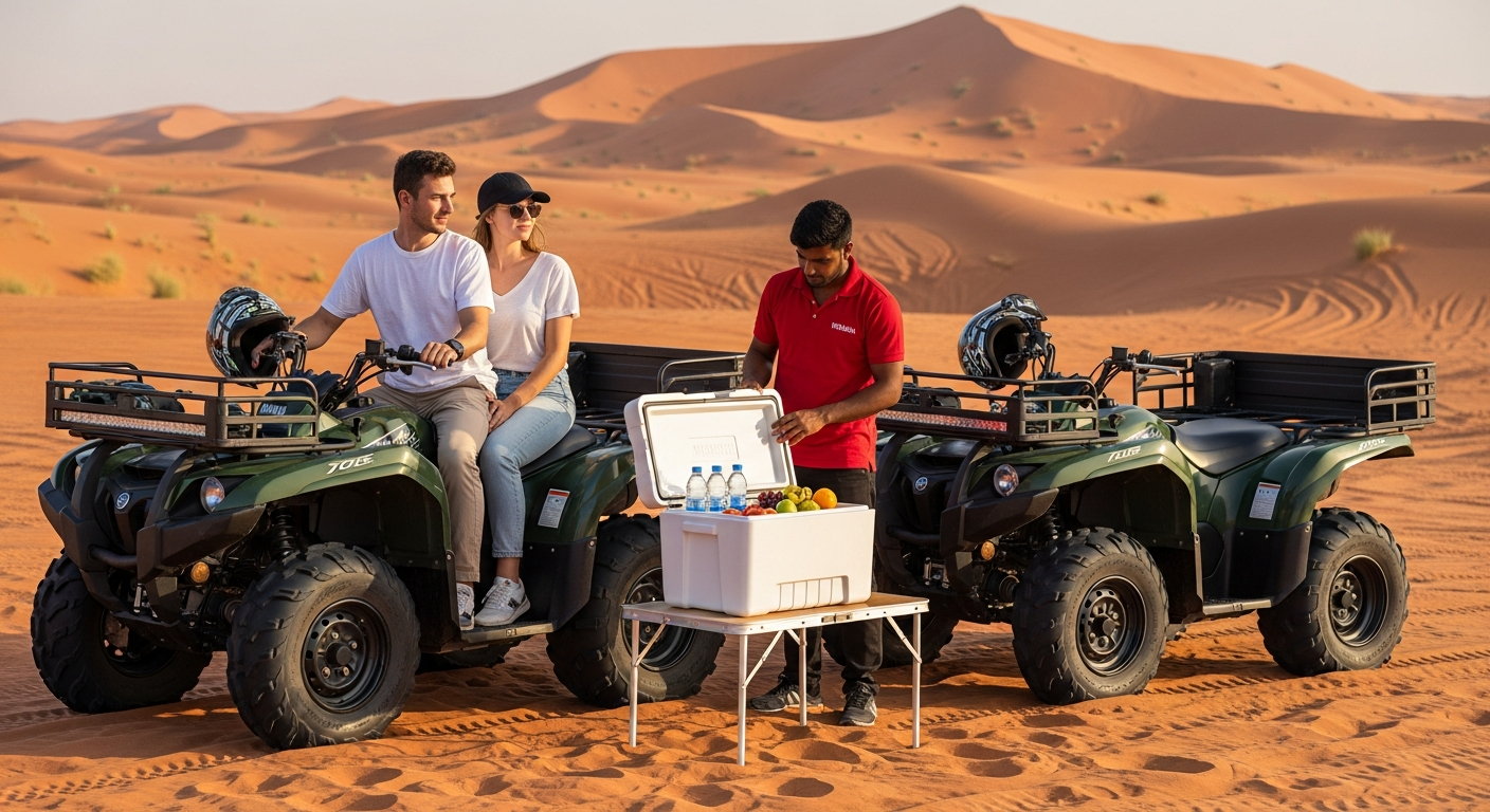 Refreshment break with water and fruit during Yamaha Grizzly 700 quad bike tour Dubai