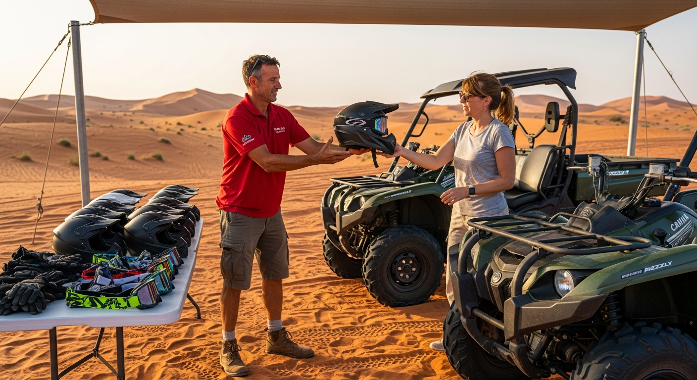 Safety gear briefing with helmets and goggles before Yamaha Grizzly 700 quad biking Dubai